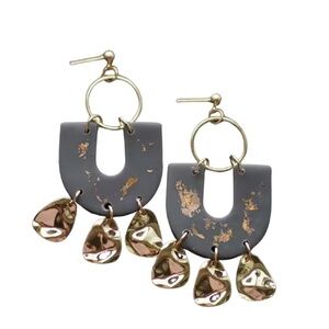 Modern Grey & Gold Abstract Dangle Earrings – Statement Polymer Clay Design